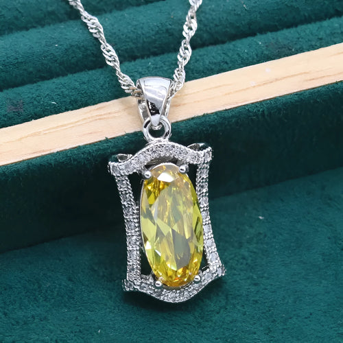 Anti-allergy zircon jewellery set with necklace, earrings, ring and bracelet in yellow or olive colours