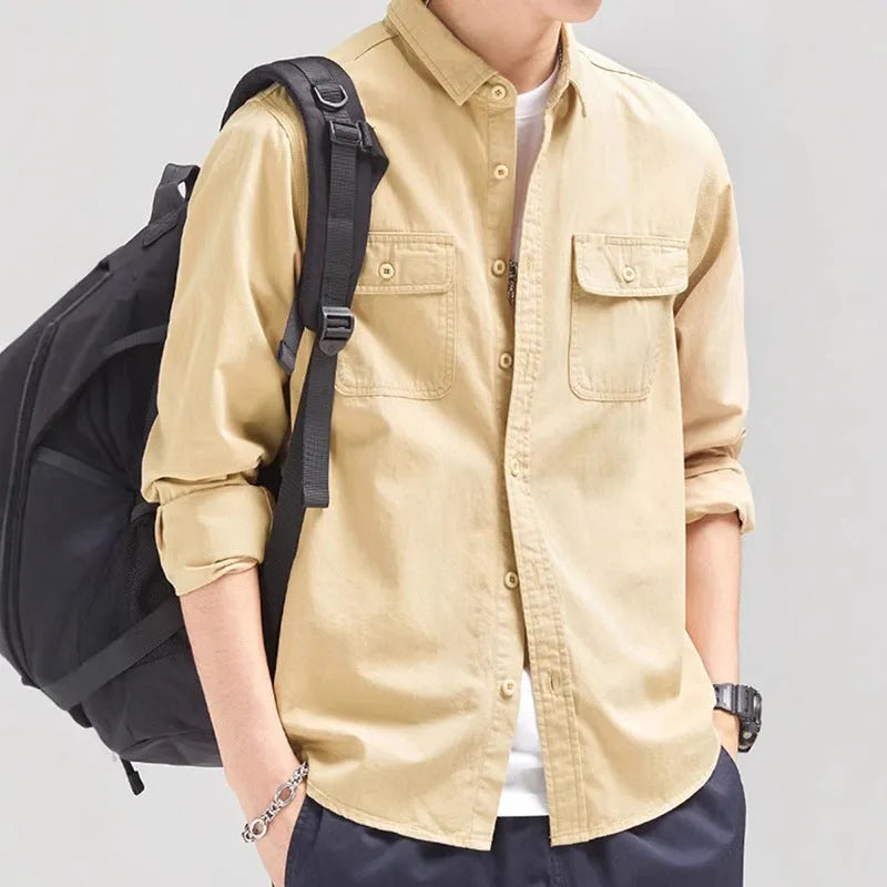 Men's loose cardigan-style long sleeve shirt in light grey, black, khaki or green colours