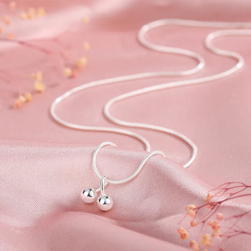 Silver cherry necklace with adjustable snake bones chain and Korean style design