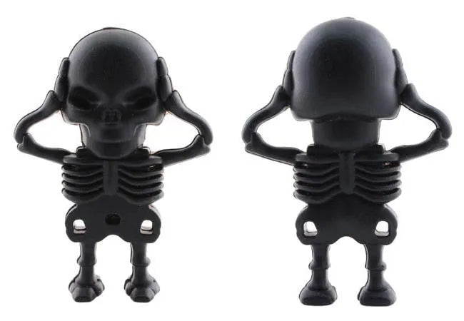 Skull-shaped USB flash drive with Halloween skeleton design on PVC shell, 64GB capacity with keychain