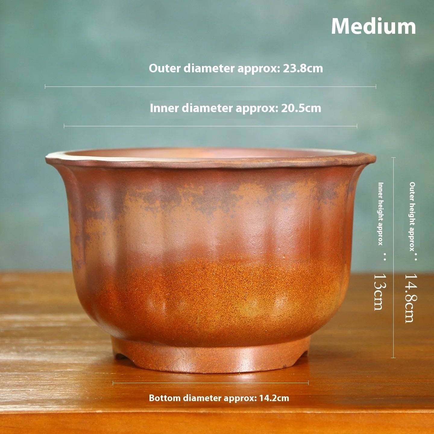 Purple sand ceramic flowerpot with antique carved wood burning design for bonsai plants