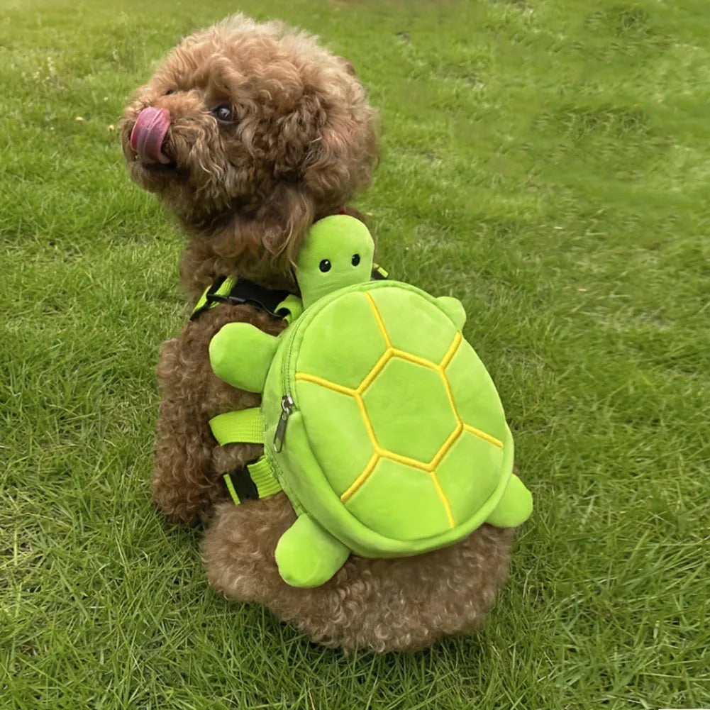 Cartoon turtle shape dog backpack harness in velvet with metal zipper and 20x18cm dimensions