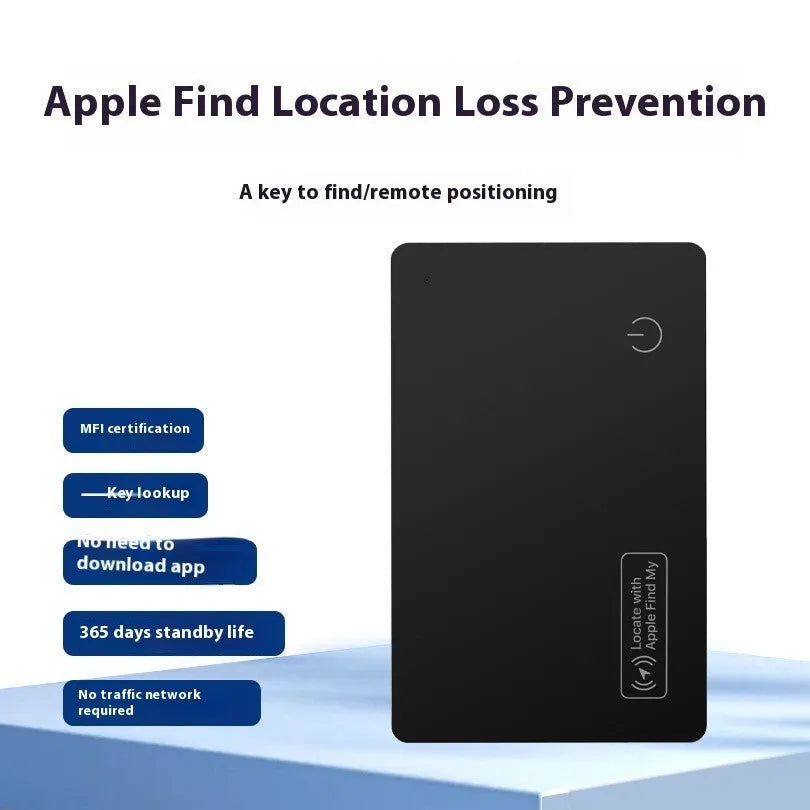 Black anti-lost alarm card for Apple devices shown next to a wallet.
