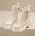 Women's ankle boots with metal buckle, block heel, round toe, side zipper, solid colour design
