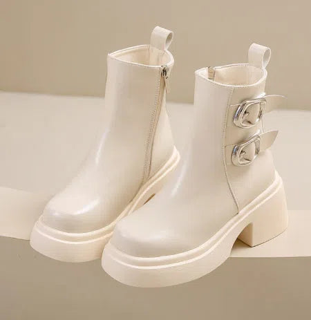 Women's ankle boots with metal buckle, block heel, round toe, side zipper, solid colour design