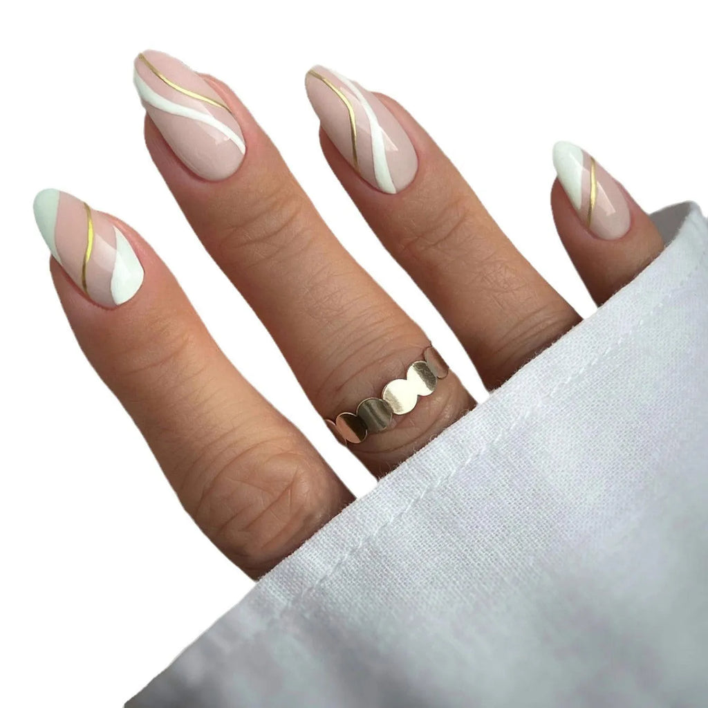 Golden Lines Wearable Nail Stickers set showing plaid pattern in JF0518 colour on medium drop shaped plastic nails.