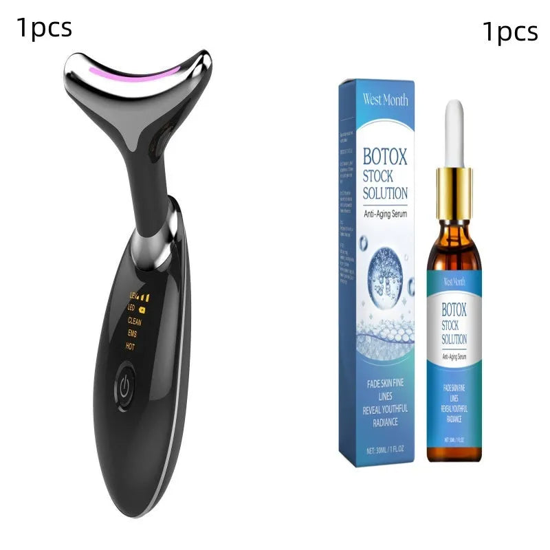 White handheld EMS thermal neck massager with LED lights on a black background.