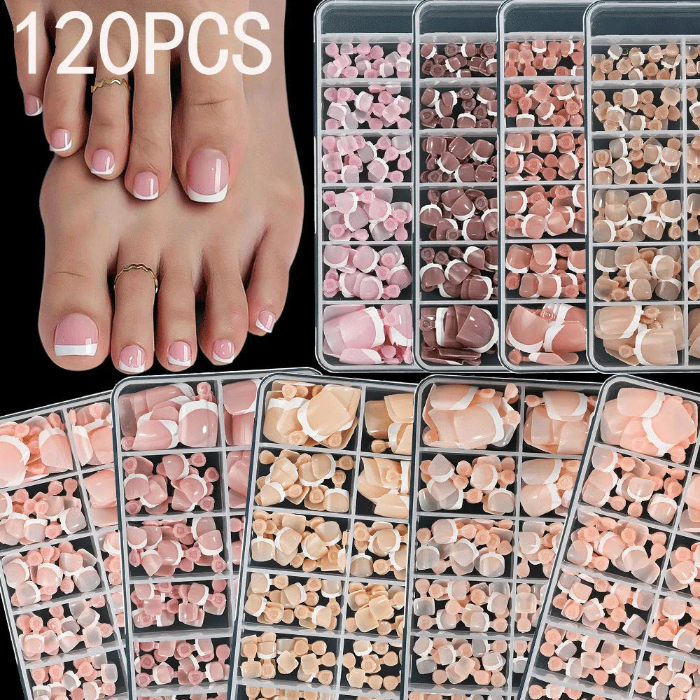 120 piece box of nude square artificial nail tips with French white edges in assorted shades