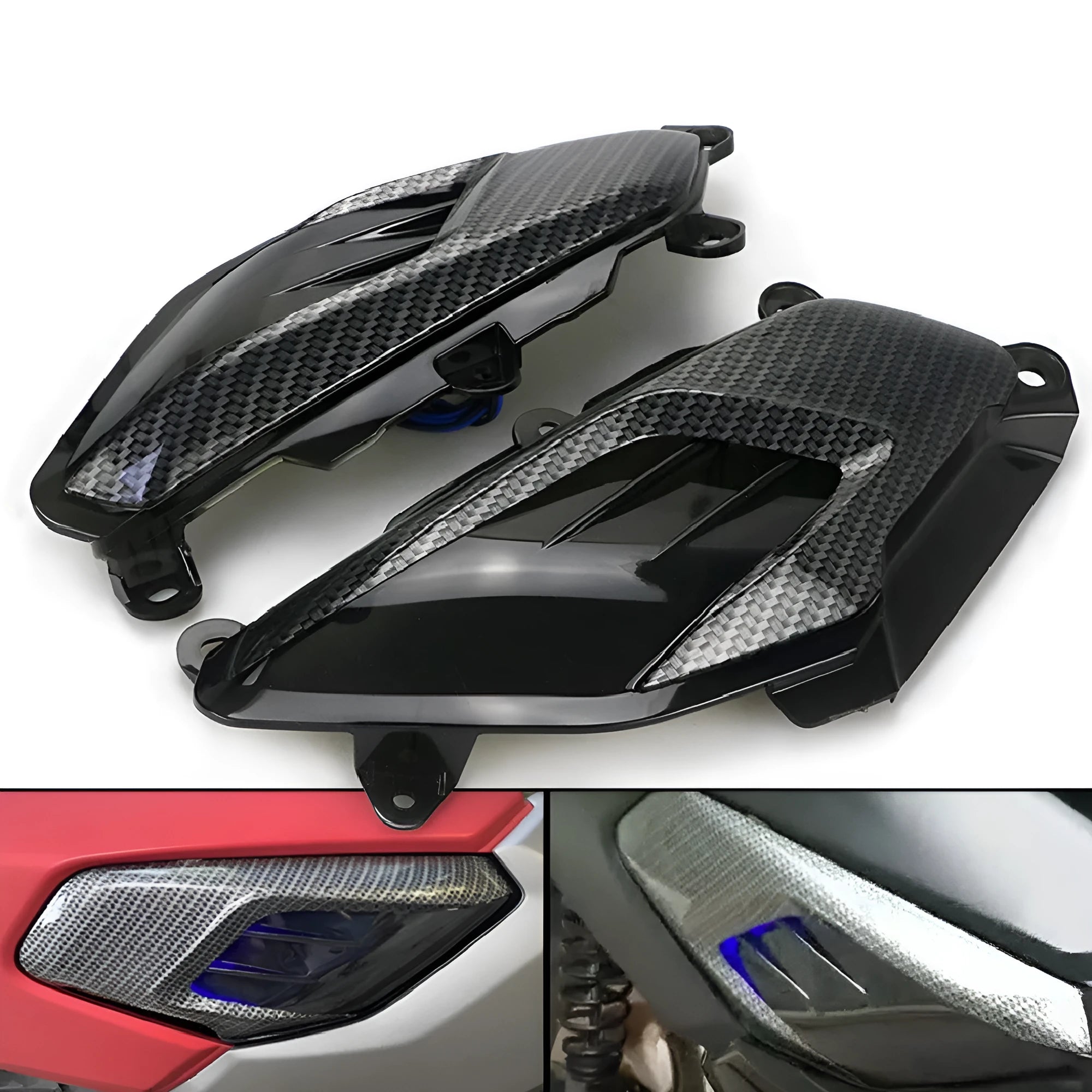 Pair of YAMAHA NMAX carbon fibre style LED side lamps, showing blue light option