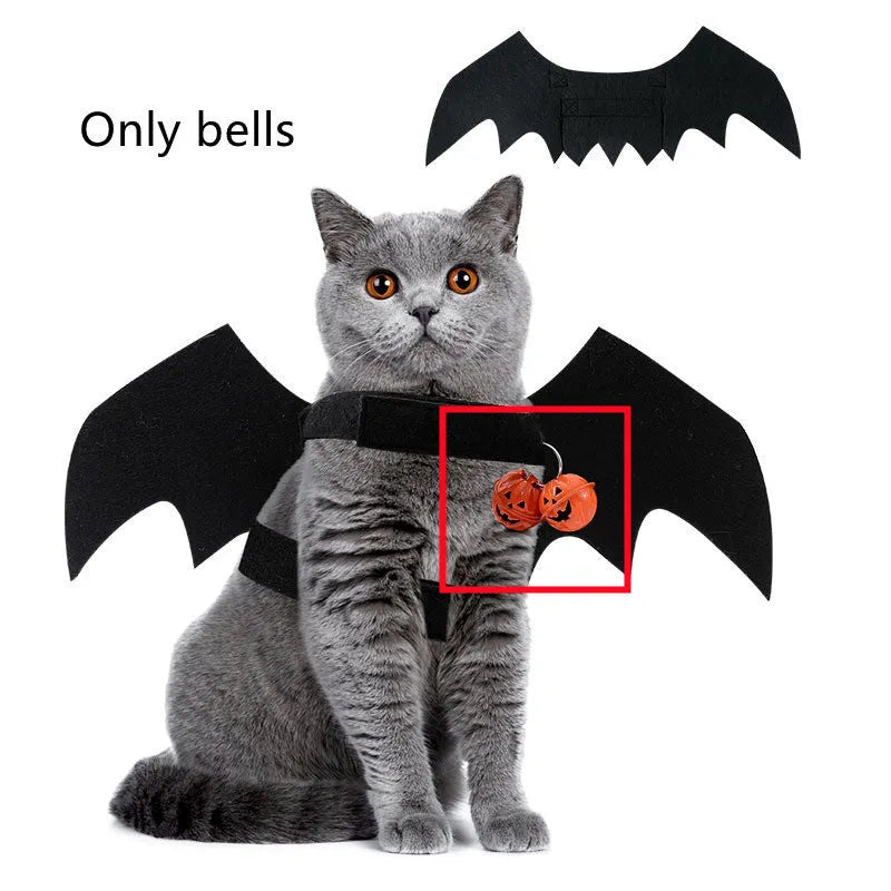 Halloween pet costume set with black wings and bell accessory in felt polyester construction