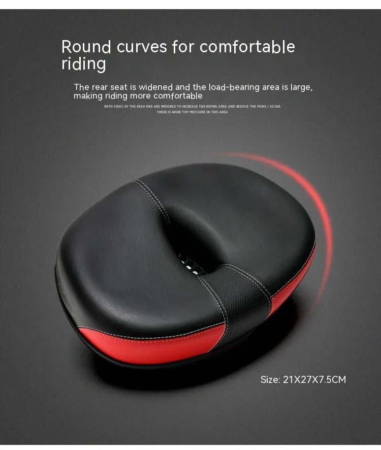 Red mountain bike saddle with thickened cushioning and reflective stickers, showing 210x270mm dimensions