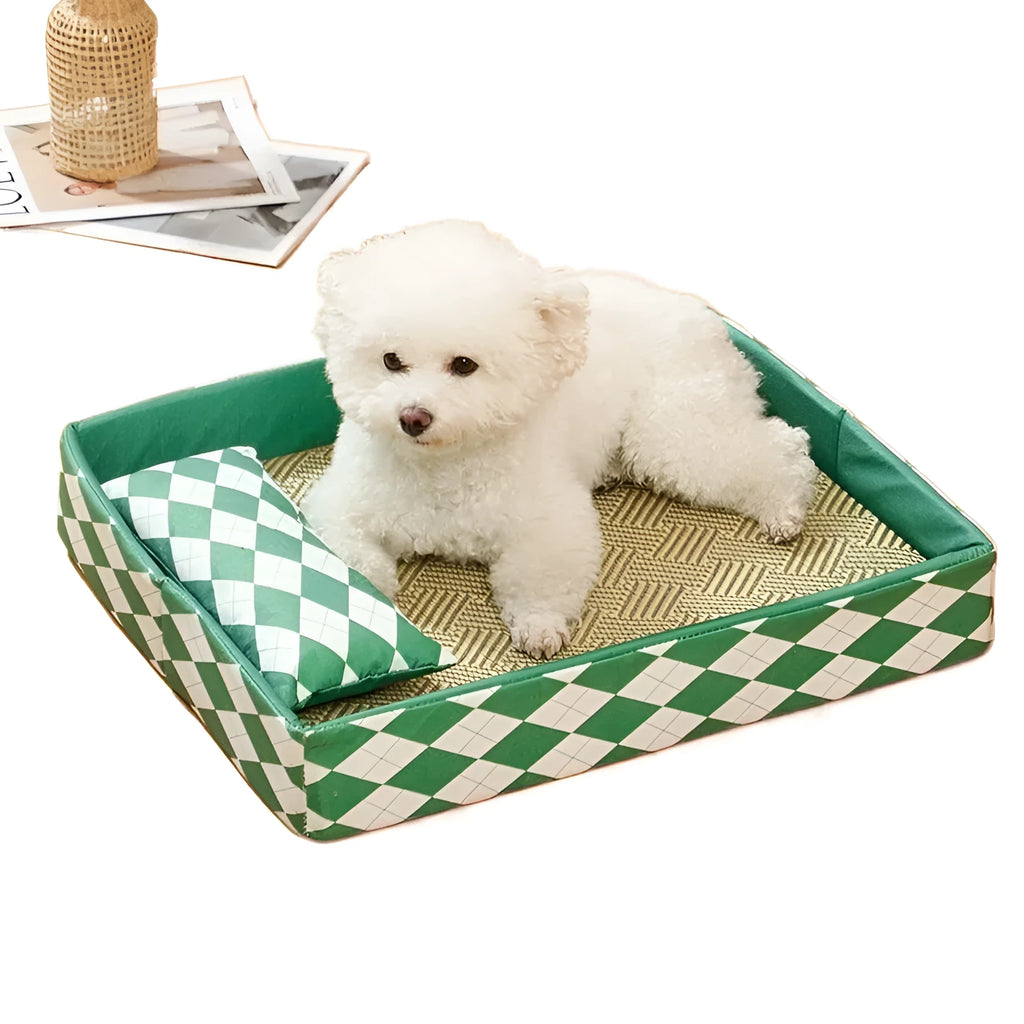 Blue woven rattan cat bed mat sitting on top of a white litter tray.