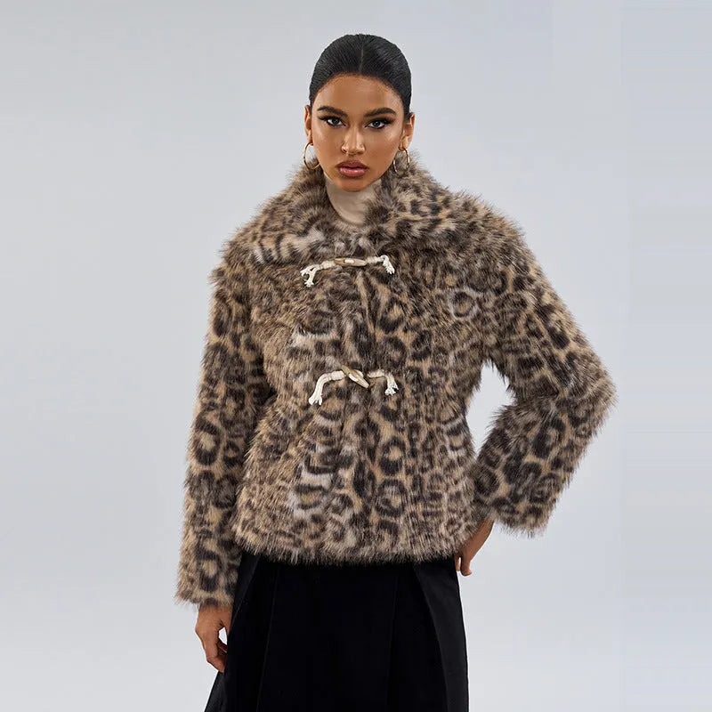 Women's leopard print buckle lapel coat with regular sleeves in street fashion style