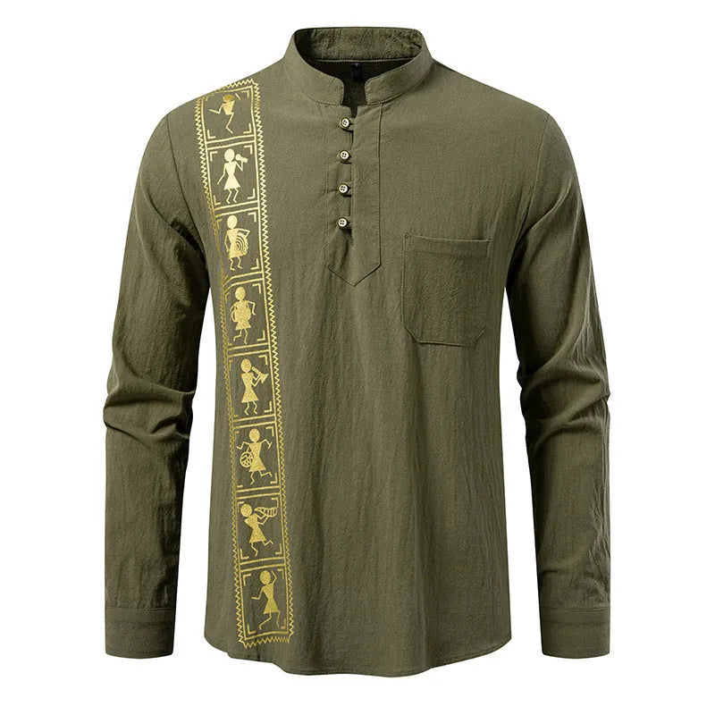 Men's solid colour cotton linen style slim fit pullover shirt in khaki, European sizes S-2XL