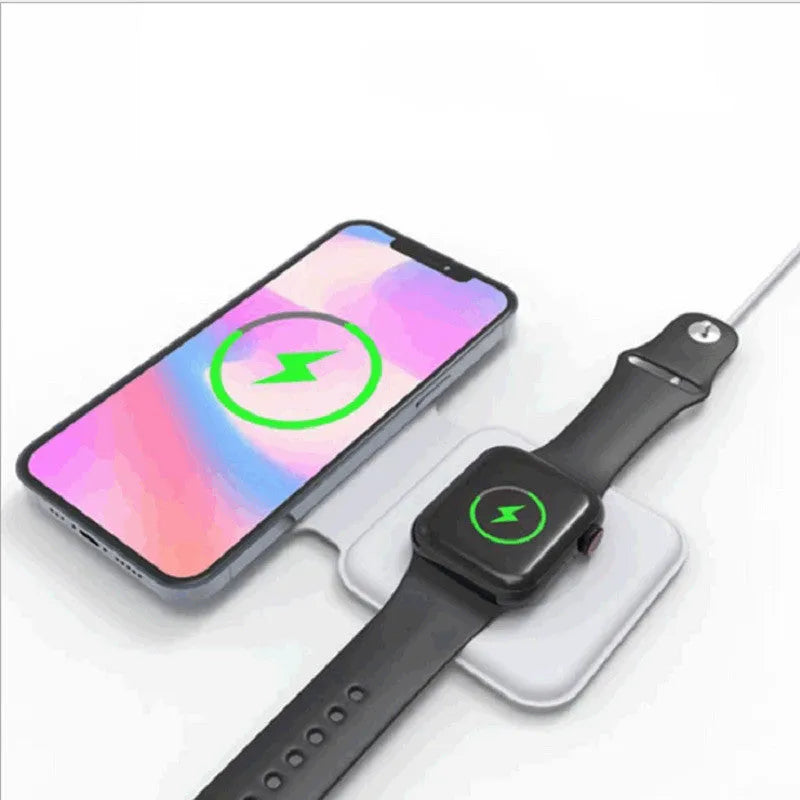 White folding dual magnetic wireless charging dock in stand mode with phone attached