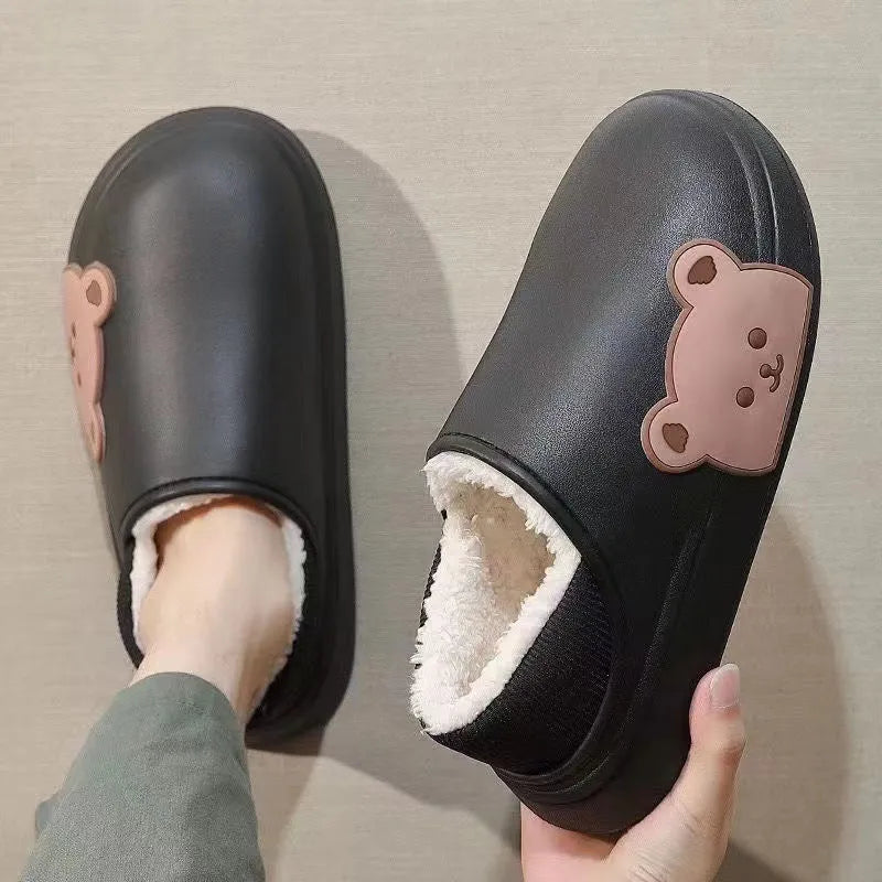 Bear fluffy slippers winter house shoes for women, unisex PVC sole, white colour