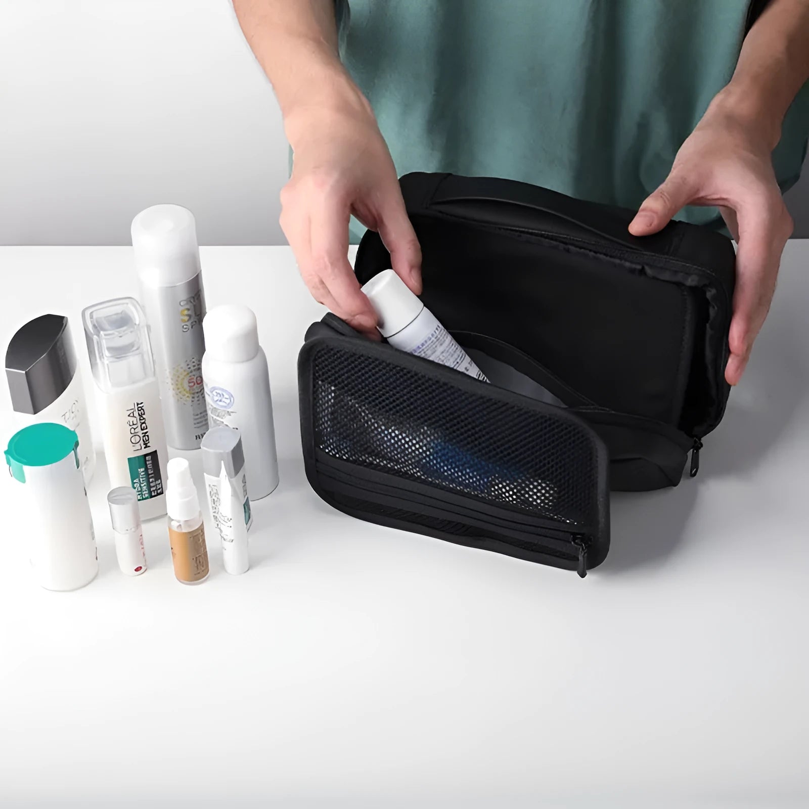 Oxford cloth multi-layer toiletries storage bag with wet dry separation compartments in graphite grey.