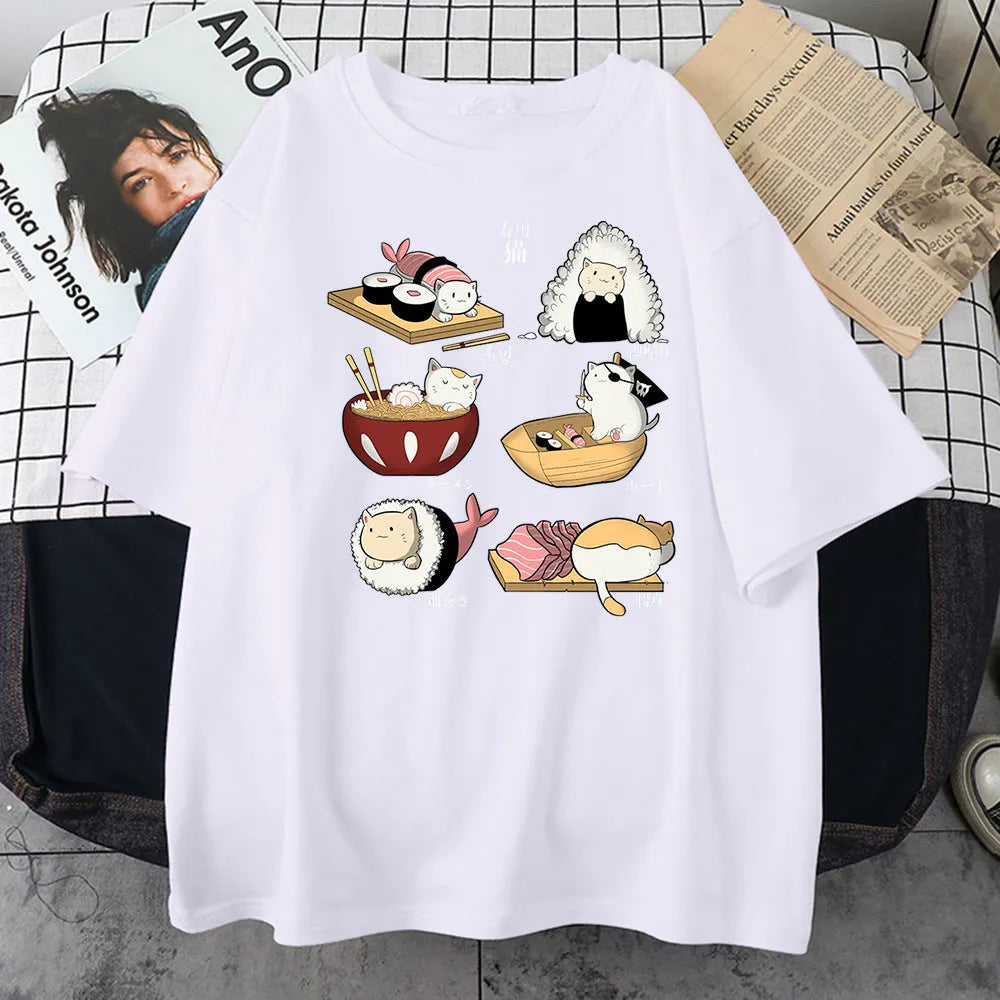 Men's black cotton t-shirt with cute cat sushi cartoon print design, short sleeves, loose fit