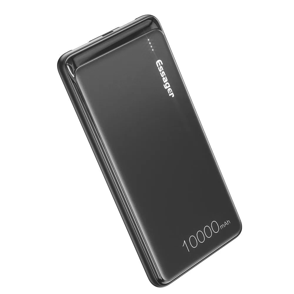 Essager Small Jane black and white 10000mAh portable power bank showing dual USB ports and LED indicators.