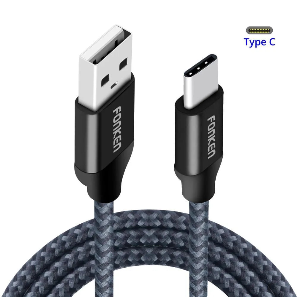 Fonken high-speed fast charging cable with woven exterior in black, 1m length, on white background