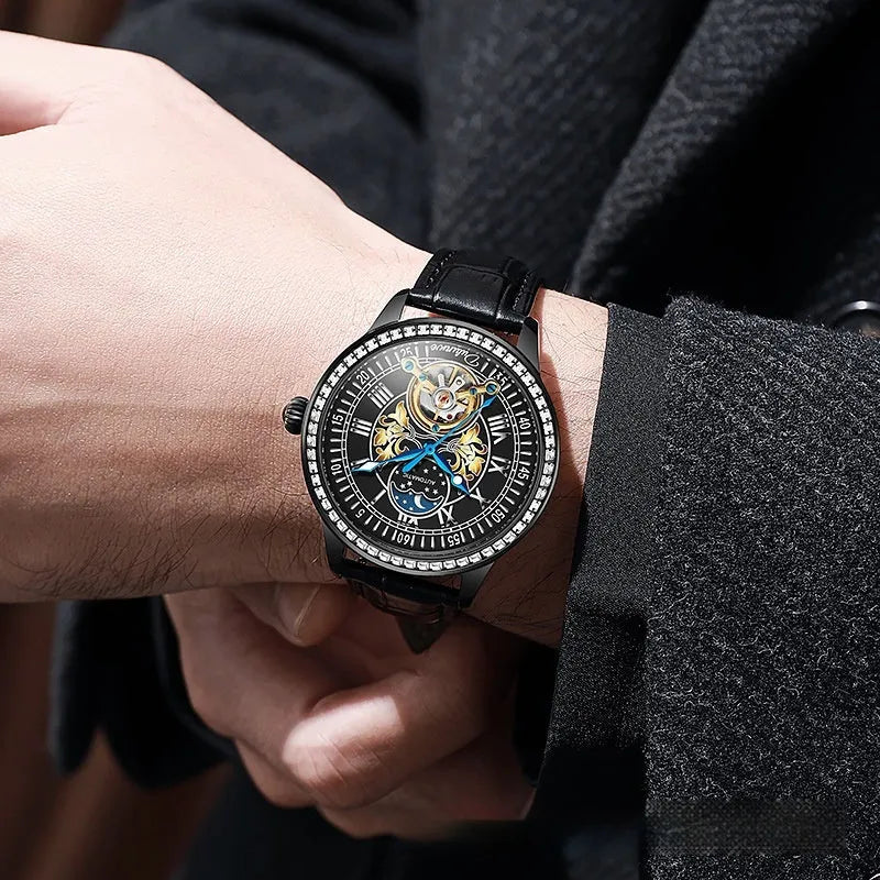 Men's stainless steel waterproof mechanical watch with a round dial and transparent case back.