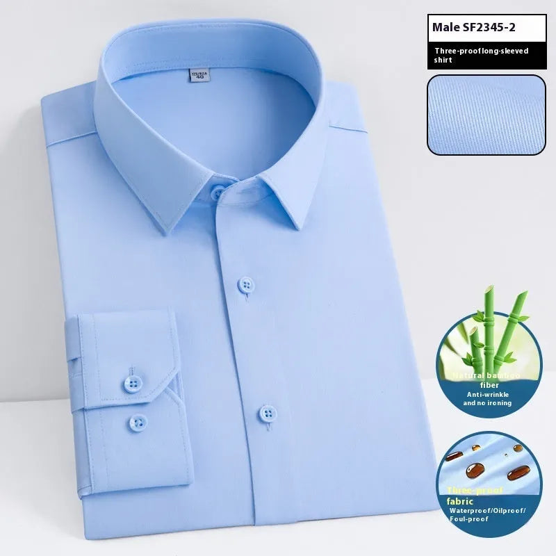 Men's waterproof business shirt in bamboo fibre with slim fit and square collar