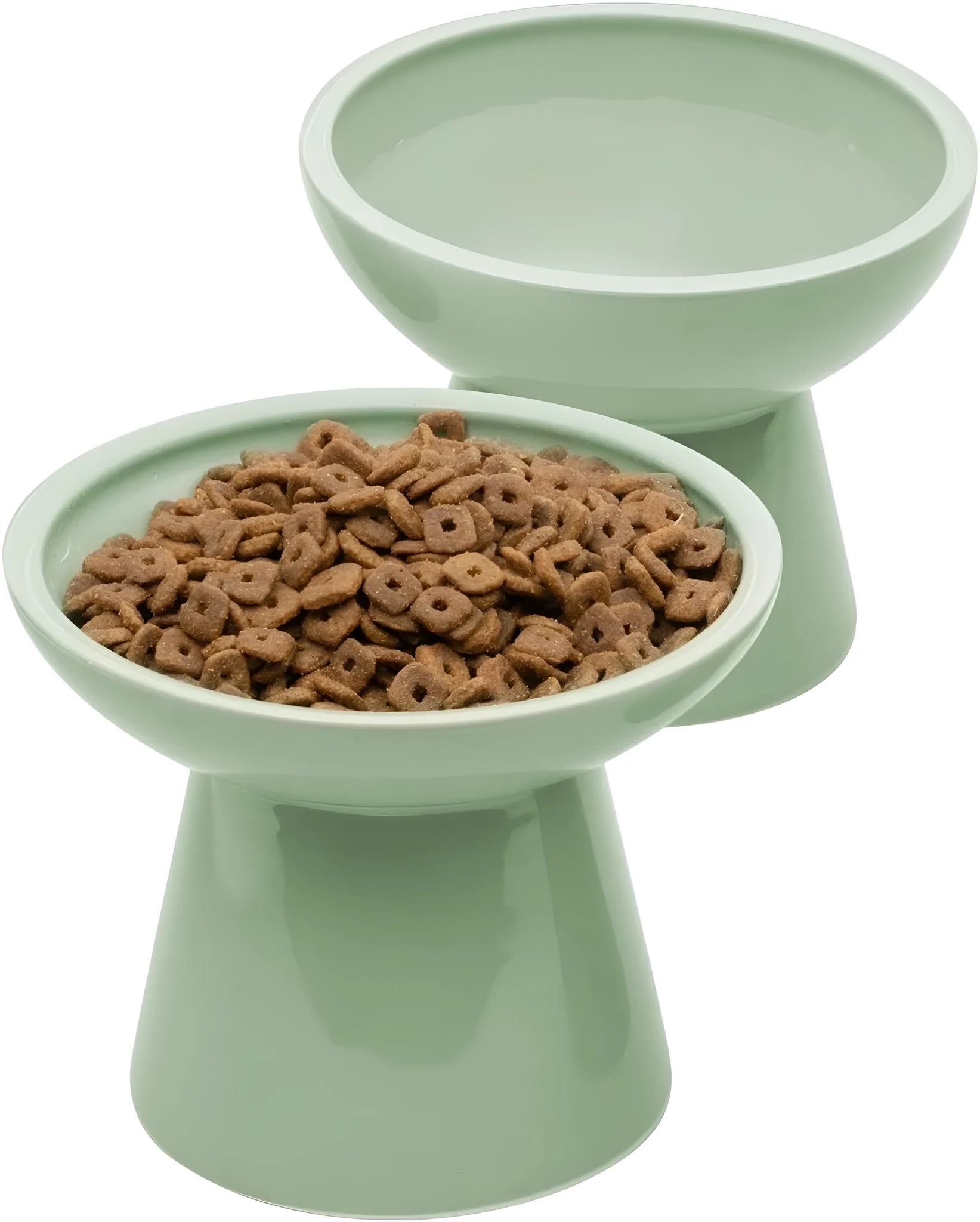 Elevated ceramic cat bowl with wide shallow dish for whisker fatigue prevention