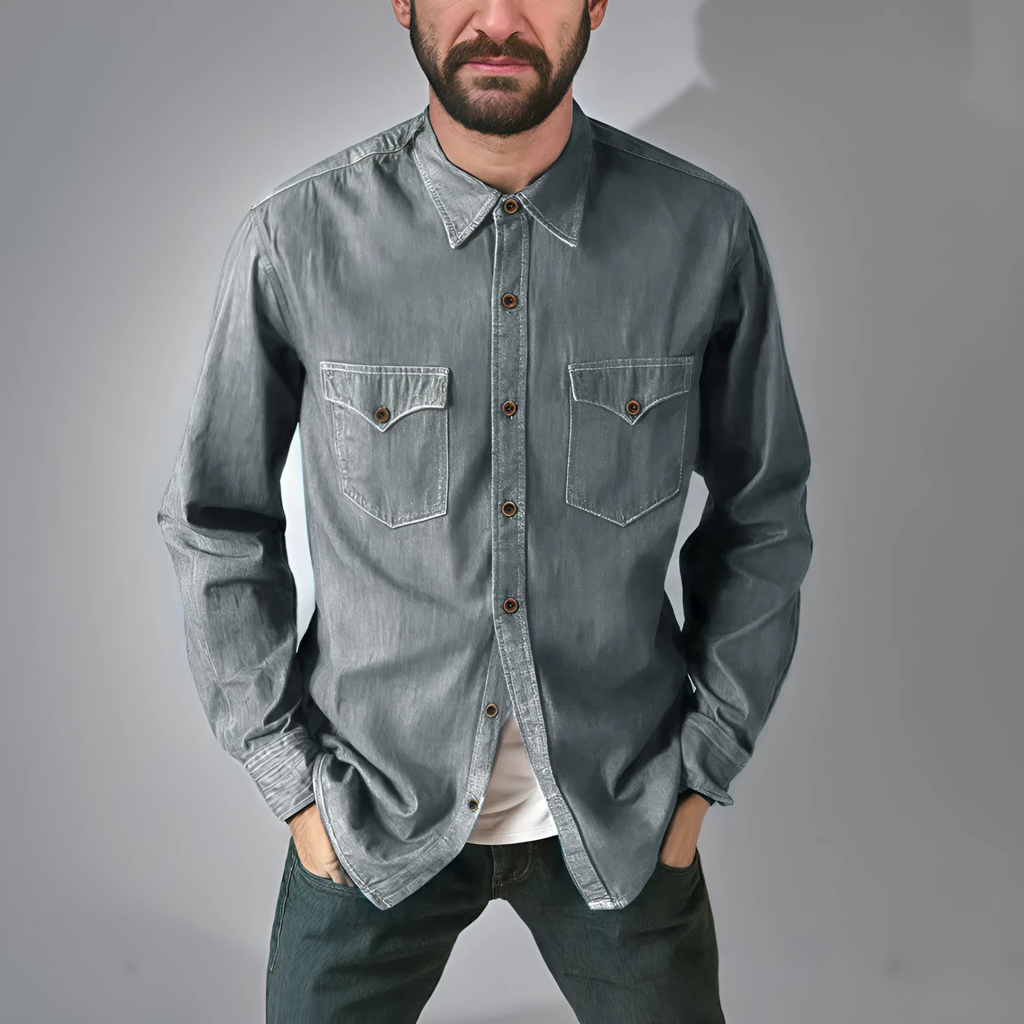 Men's regular fit denim cardigan coat in khaki, black, blue, or grey.