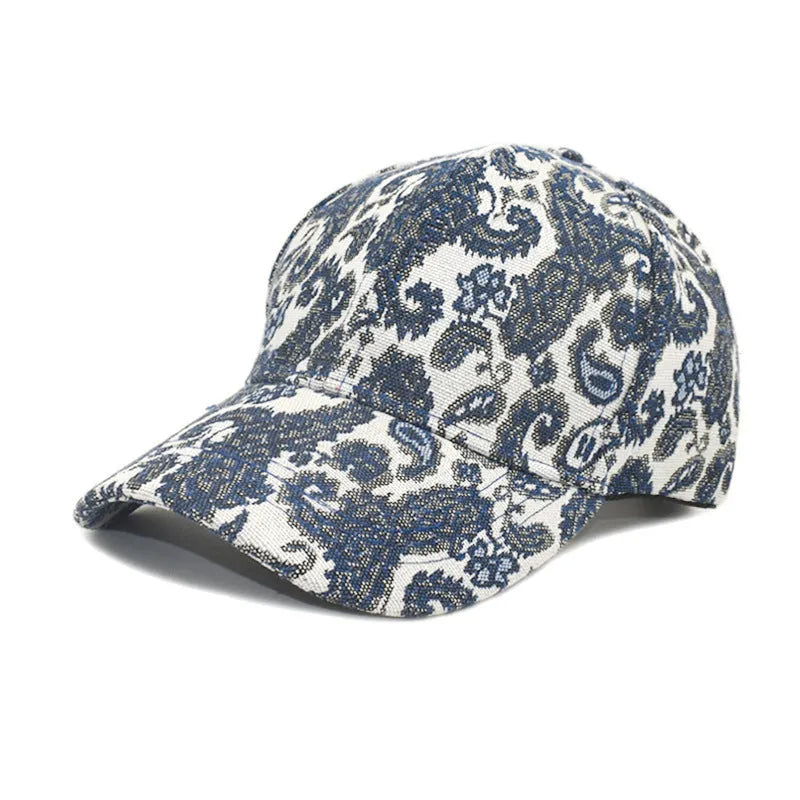 Blue polyester baseball cap with paisley pattern print and dome crown style