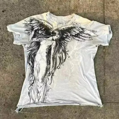 Gothic cartoon print men's short sleeve polyester top in colour HQ929 showing Asian sizing options