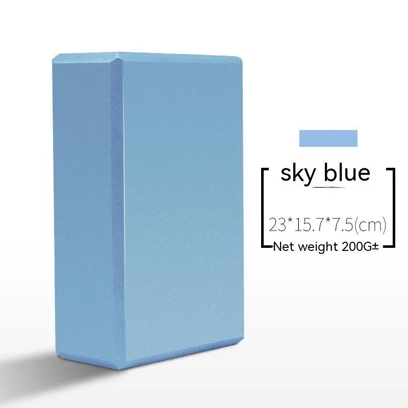 A high-density EVA yoga block in a choice of solid colours or printed designs, measuring 23cm by 15cm.