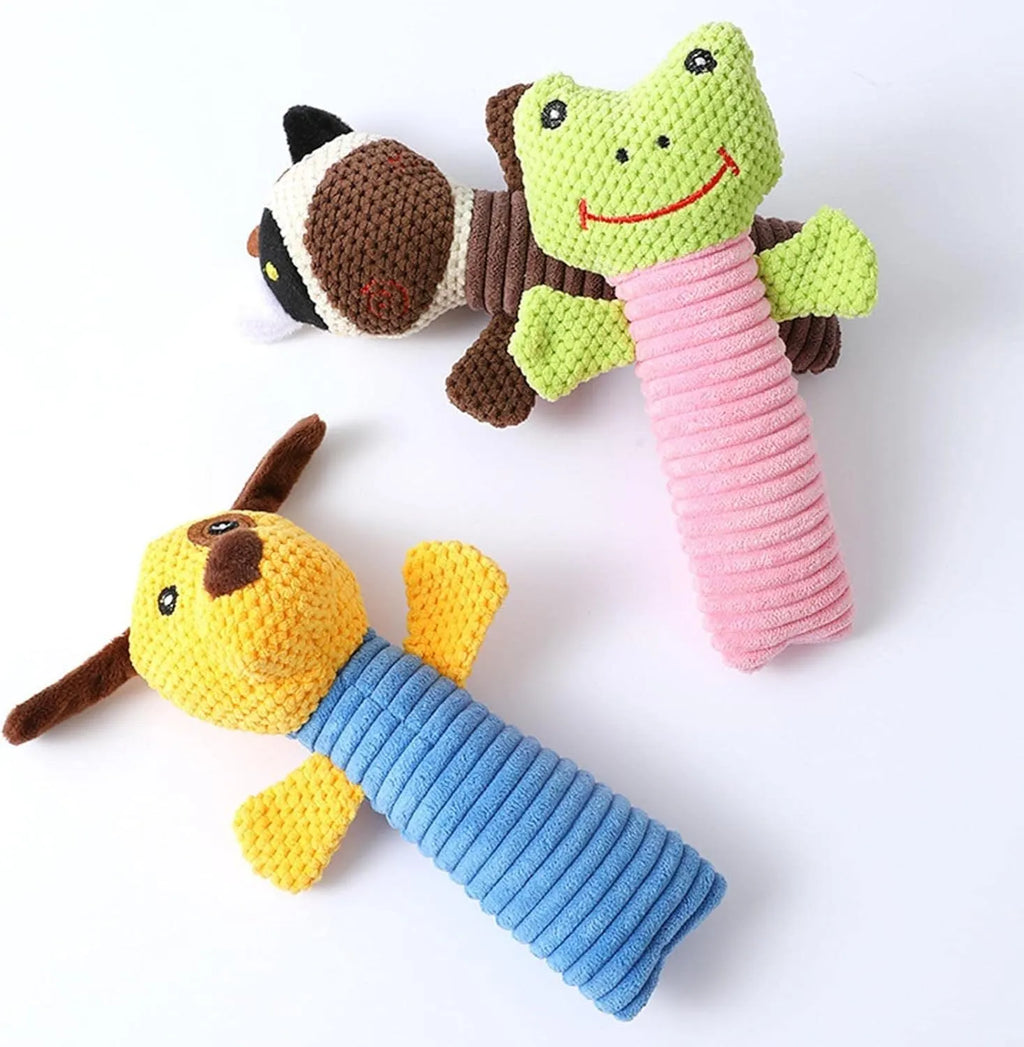 Squeaky stuffed dog toy in calf, frog, or puppy shape measuring 19x5cm