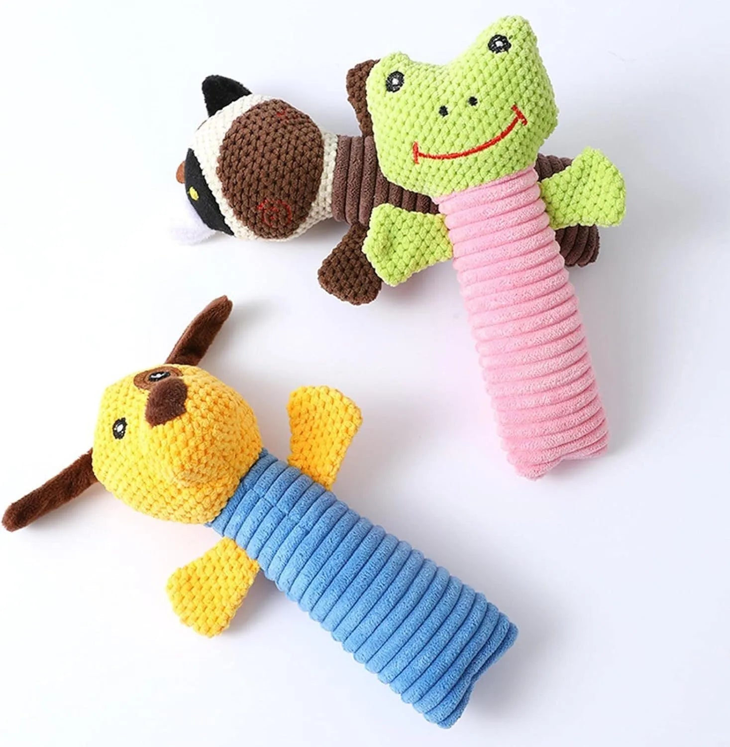 Squeaky stuffed dog toy in calf, frog, or puppy shape measuring 19x5cm