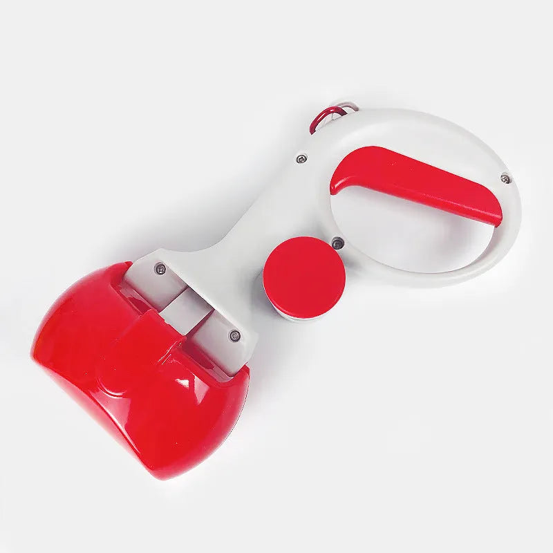 A blue plastic pet pooper scooper with a built-in holder for a roll of waste bags.
