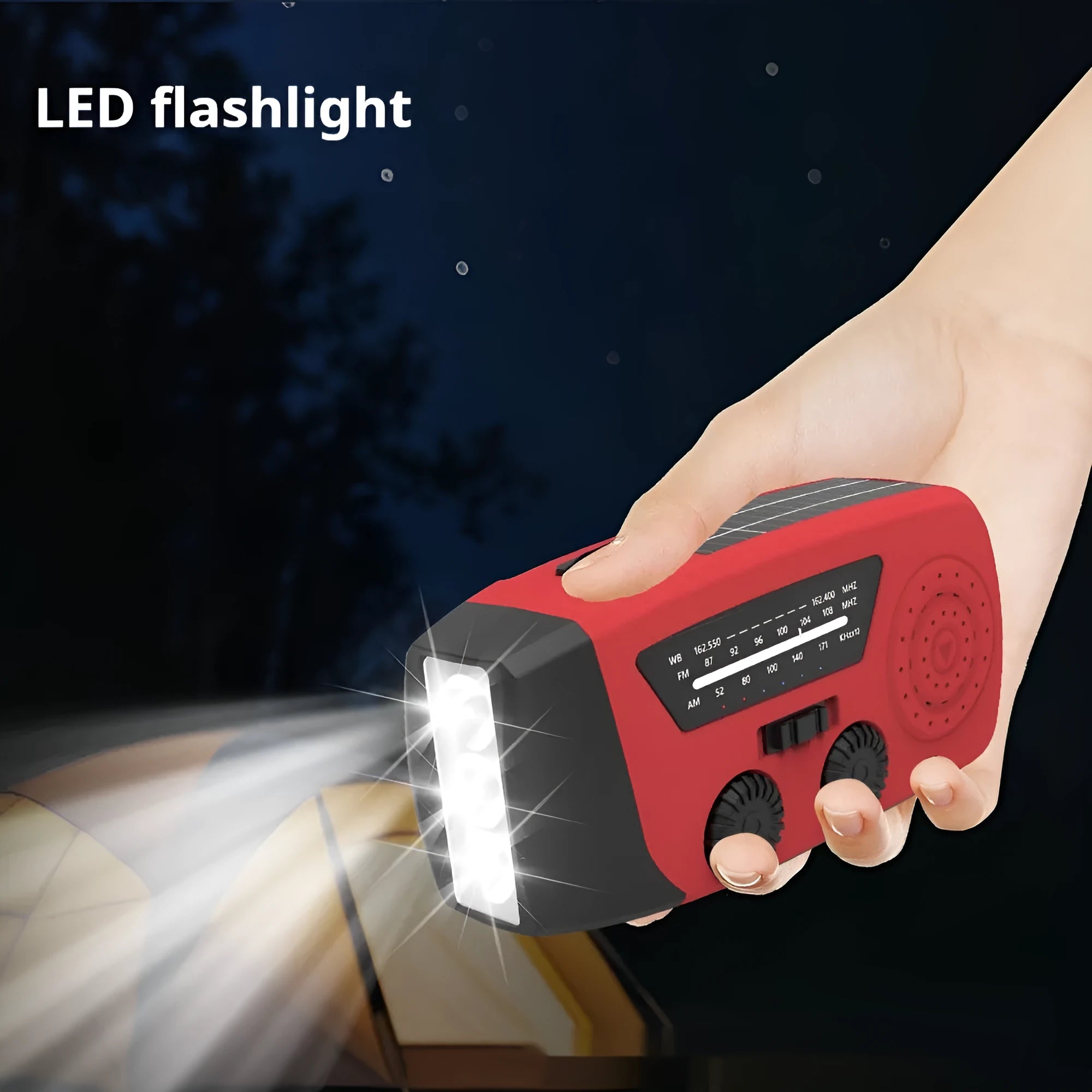 Red emergency hand radio with rechargeable torch showing dimensions and wrist strap