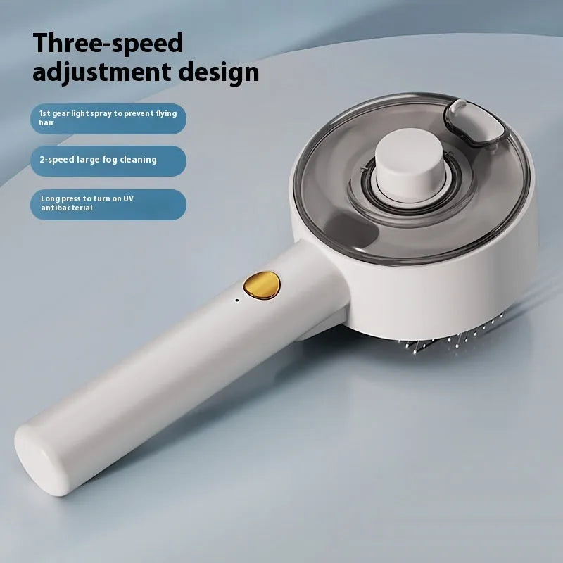 Ceramic white rechargeable pet grooming brush with UVC light and misting function on a dog's coat.