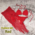 Women's three-piece bikini set with handmade crochet beach skirt in acrylic fabric
