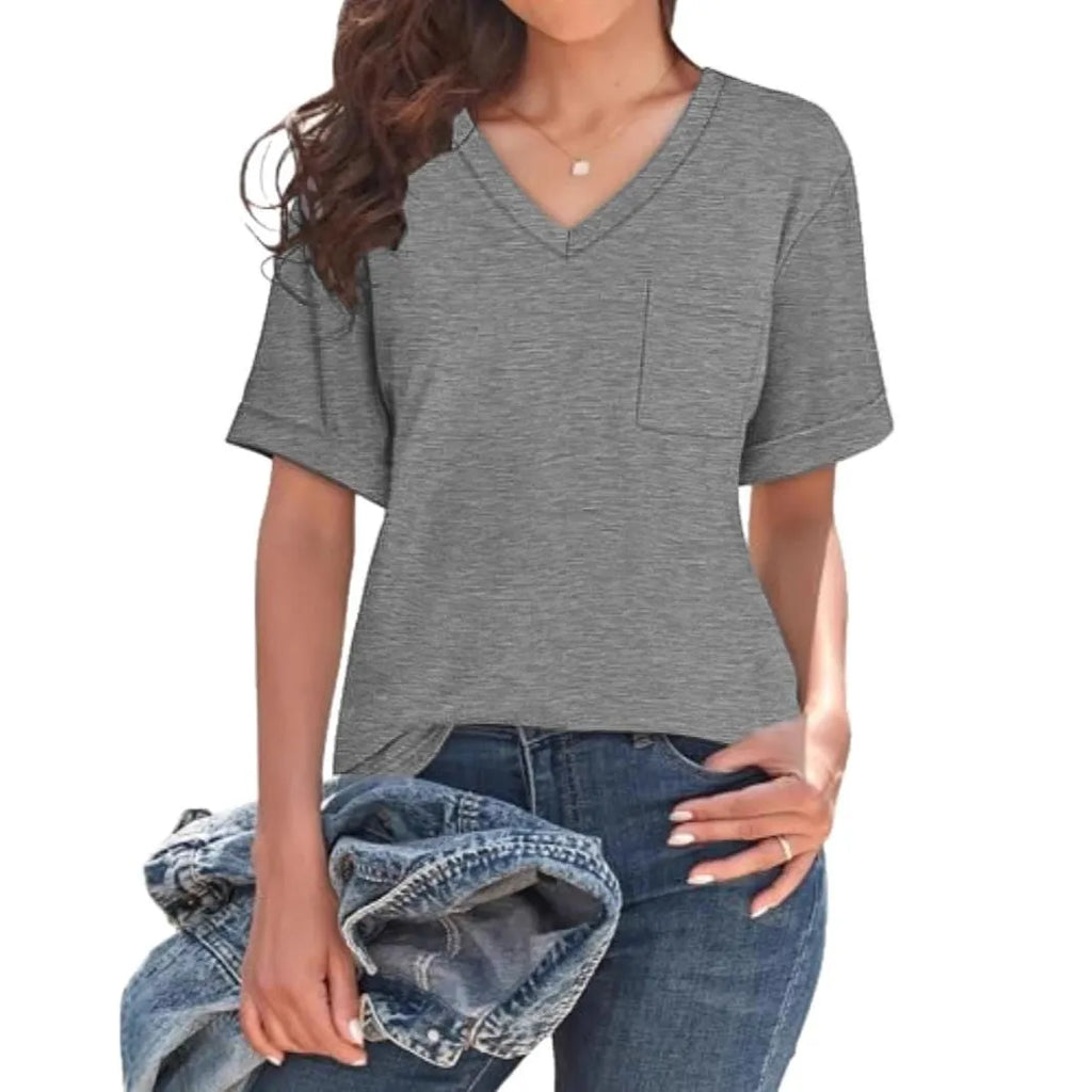 Grey loose fit men's V-neck t-shirt with a chest pocket on a solid colour background.