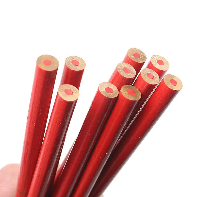 Ten red and blue two-colour carpenter's pencils with wooden casing round marking pens
