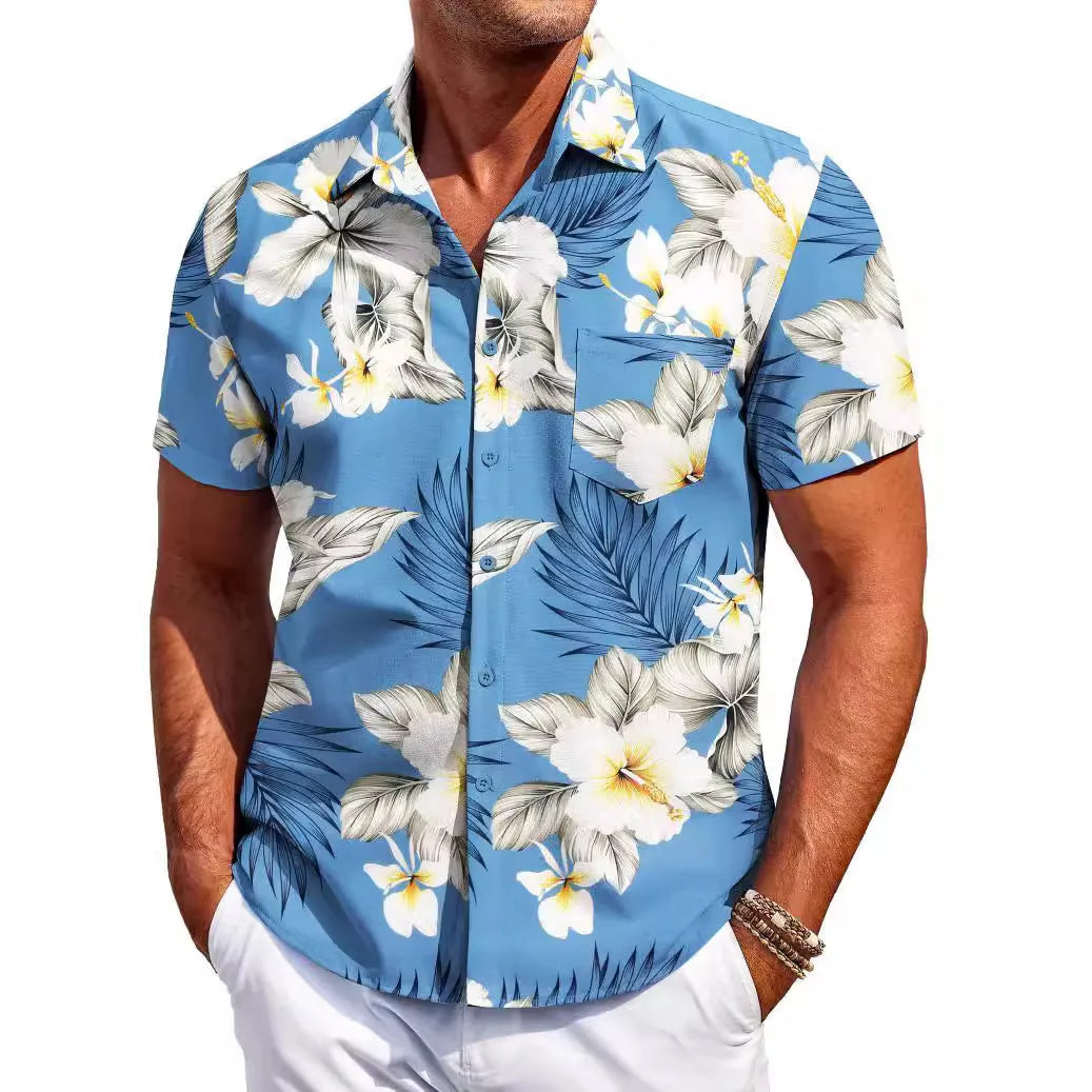 Man wearing a slim fit Hawaiian pattern short sleeve shirt in elastic polyester fabric.