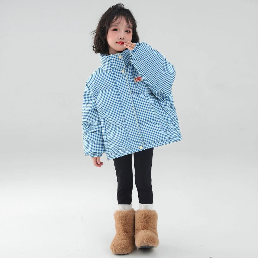 Blue plaid hooded coat jacket for children with zipper closure and cotton lining