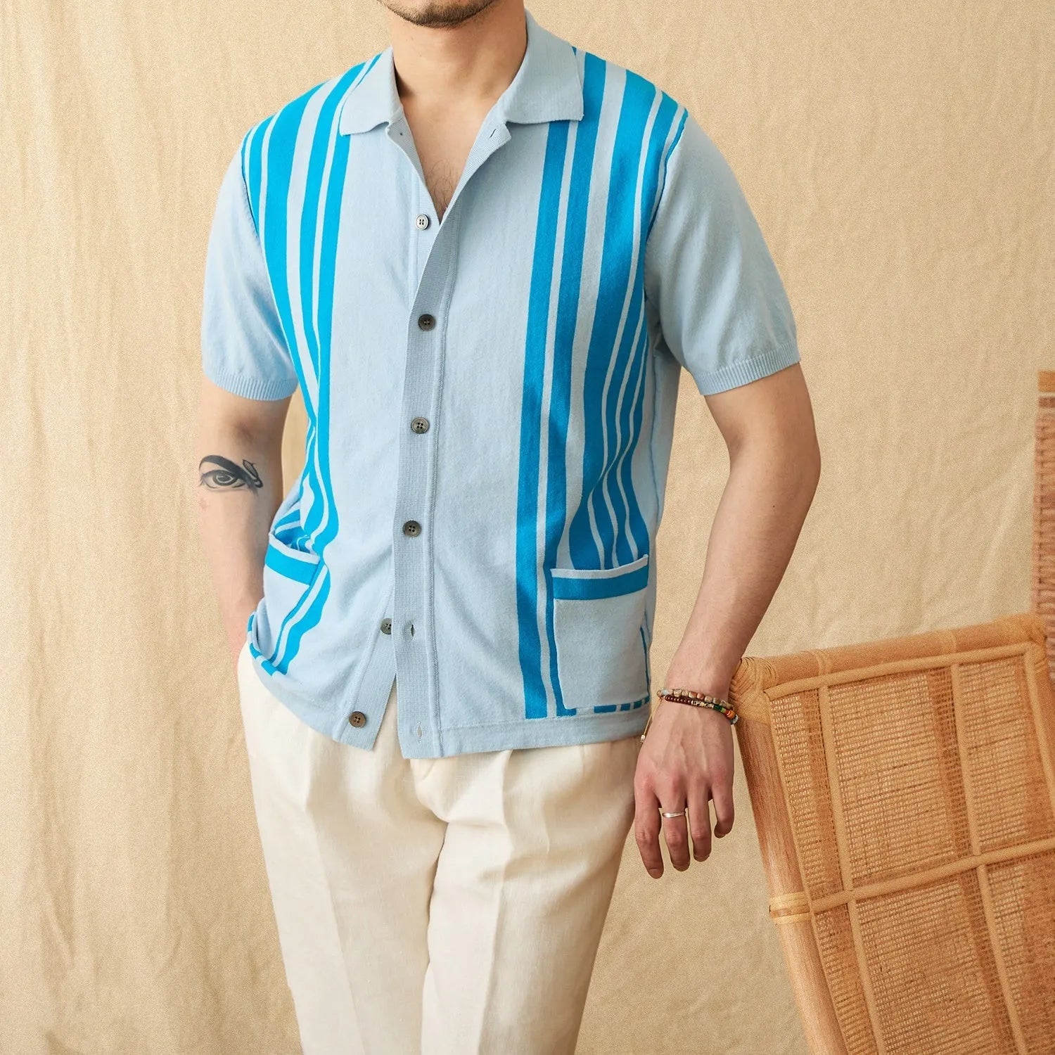 Men's short-sleeve striped knit cardigan polo shirt with lapel collar in light blue