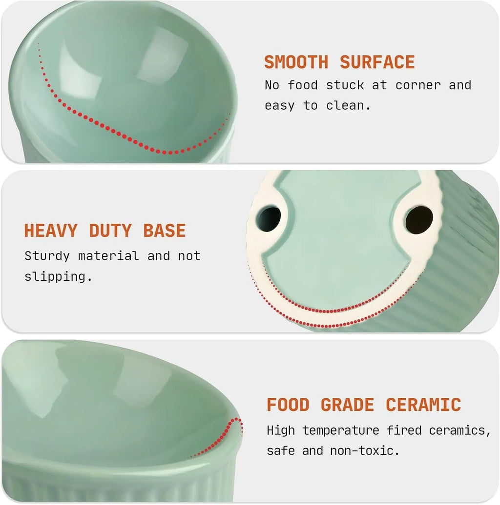 Ceramic elevated cat bowl in green colour with tilted design for anti-vomit feeding