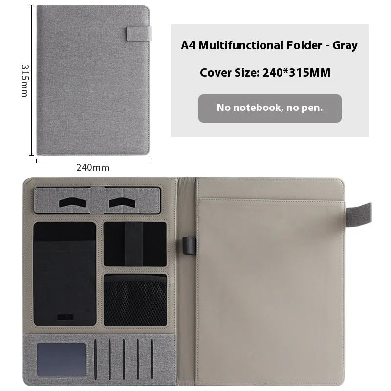 Leather A4 business folder in black, open to show interior with optional pen and notepad.