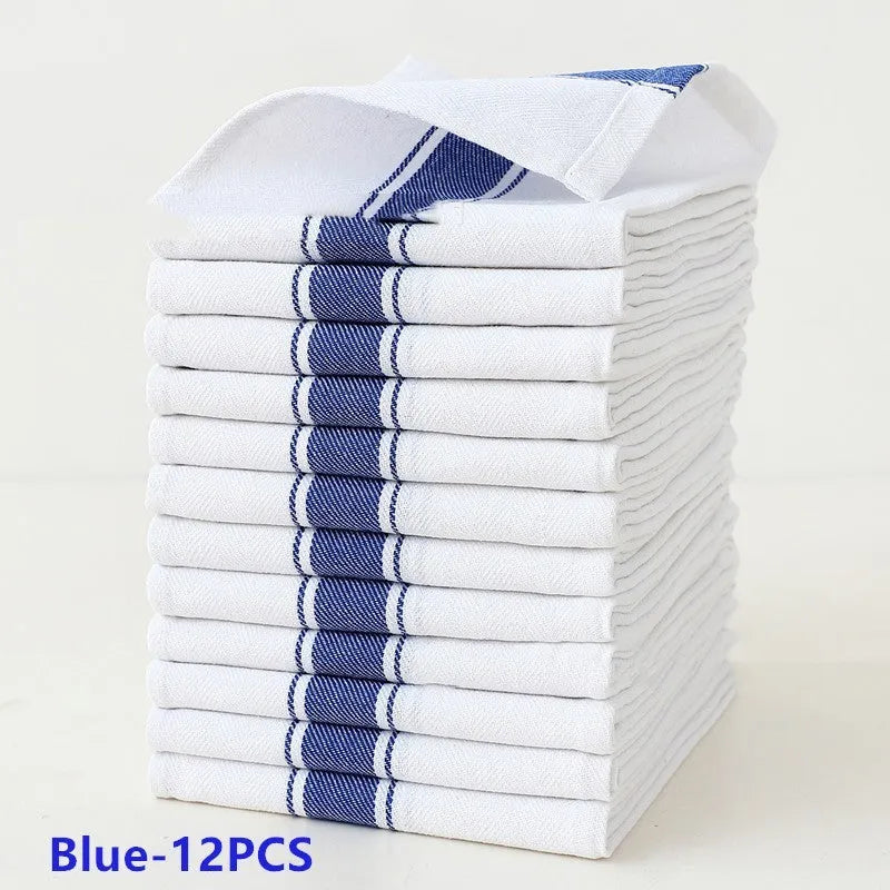 Cotton striped dishwashing towels measuring 48x70 cm in a 12-pack set showing colour variations