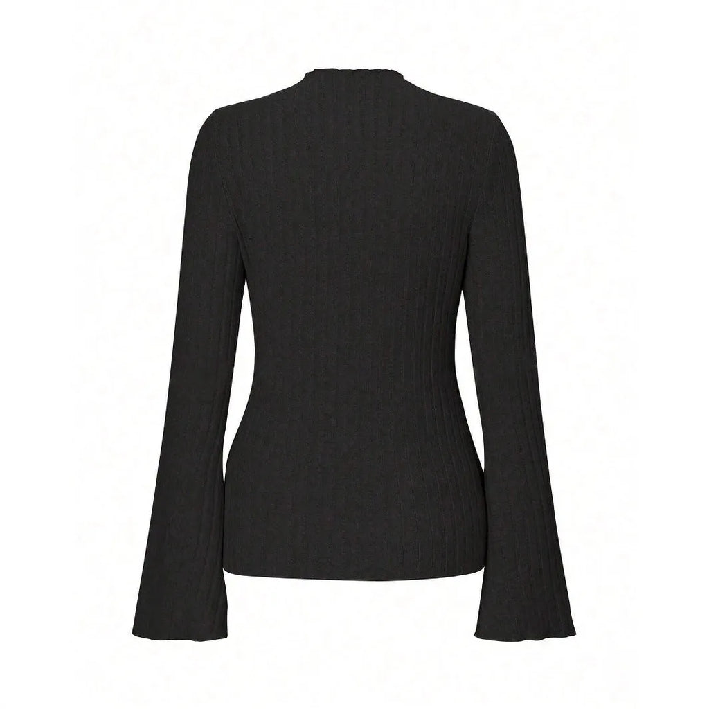 Long sleeve round neck top with sunken stripe pattern and lantern sleeves in black