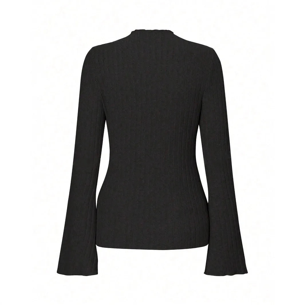 Long sleeve round neck top with sunken stripe pattern and lantern sleeves in black
