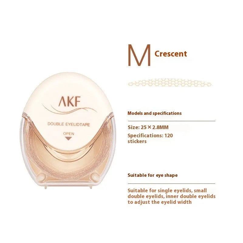 Double eyelid stickers showing invisible lace design in three shapes: Crescent S, Crescent M and Olive M