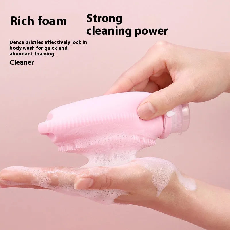 Silicone bath brush storage bottle in various colours showing 100ml capacity for bathroom organisation