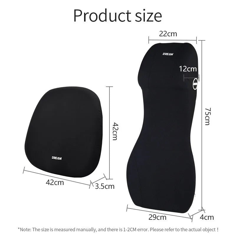 Automotive memory foam cushion with integrated headrest and lumbar support in multiple colour options